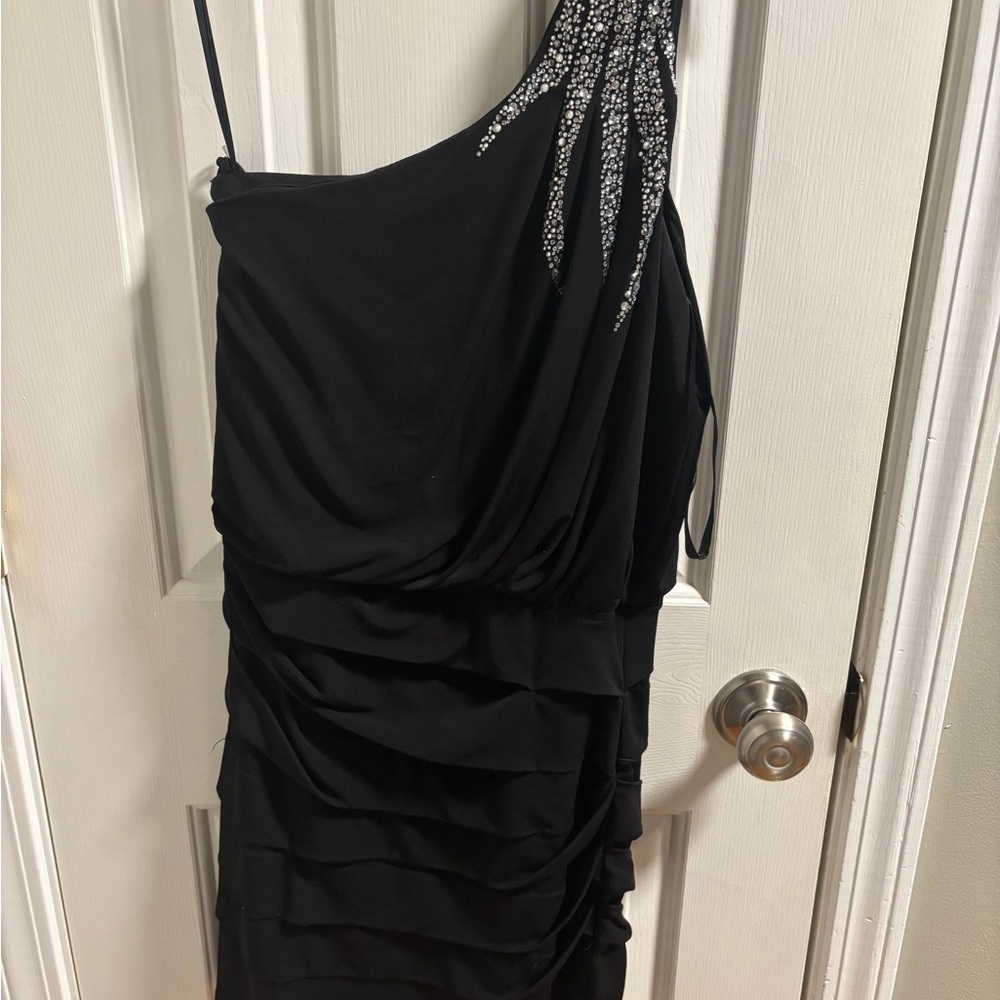 Deb Elegant Black One-Shoulder Dress with Sparkling Silver Details Medium